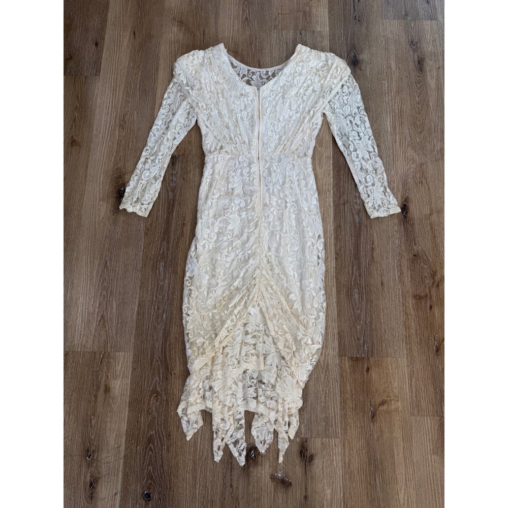 Whimsigoth Boho Floral Lace Handkerchief Hem Midi Dress Womens S Cream Vintage - Picture 8 of 9